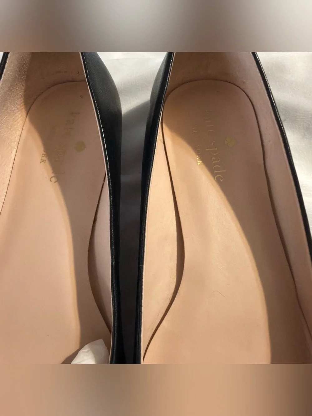 Kate Spade Black Pointed Toe Flats with Gold Spade Hardware
